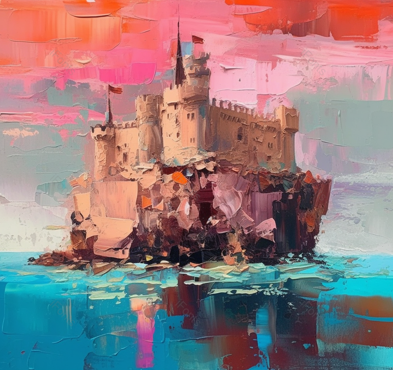 蓝色海岸线边海浪小岛古堡矗立夕阳日落云朵天空油画,插画/手绘图,插画/手绘图库,插画/手绘图下载,插画/手绘